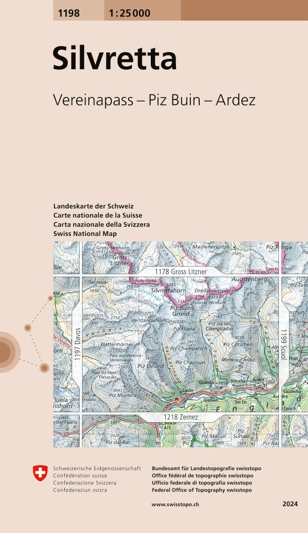 Carte topographique n° 1198 - Silvretta (Suisse) | Swisstopo - 1/25 000