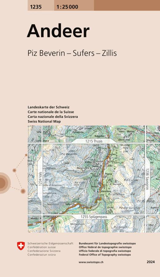 Carte topographique n° 1235 - Andeer (Suisse) | Swisstopo - 1/25 000