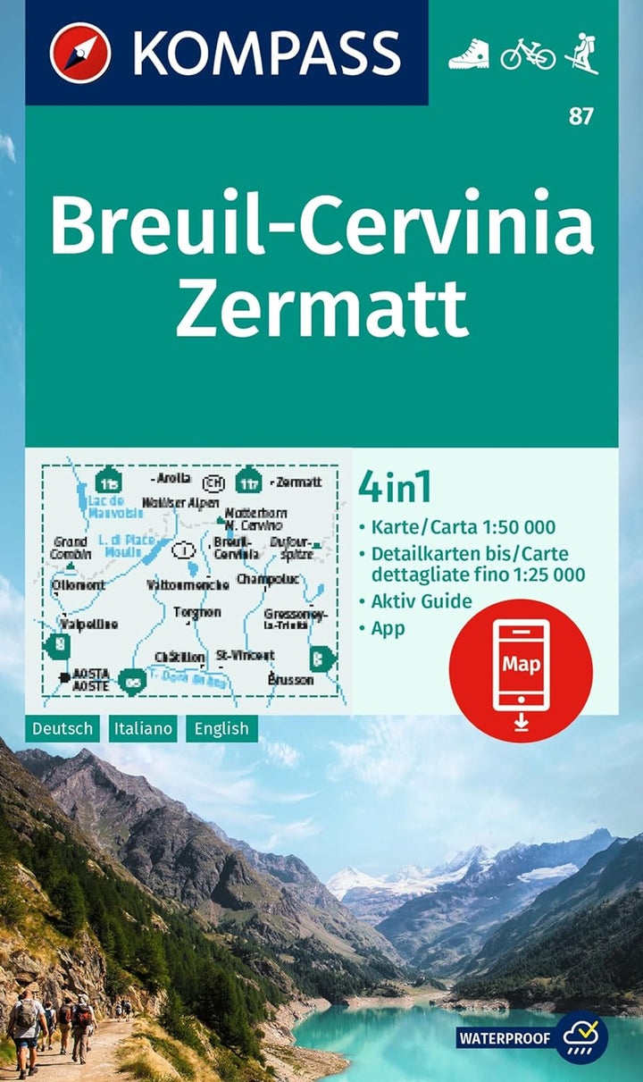 Carte de randonnée n° 87 - Breuil-Cervinia, Zermatt (Italie, Suisse) | Kompass