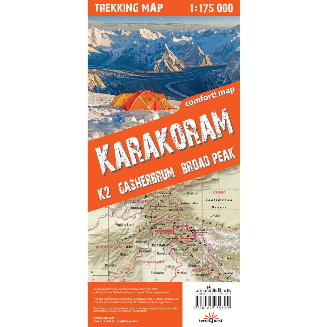 Laminated hiking map - Karakoram, K2, Gasherbrum, Broad Peak (Pakistan, China) | Terraquest
