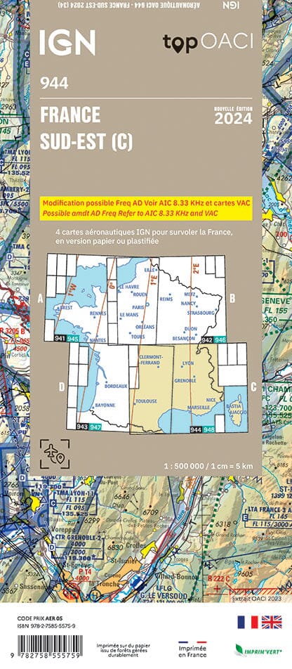 Carte aéronautique OACI 944 - France Sud-est 2024 | IGN carte pliée IGN 