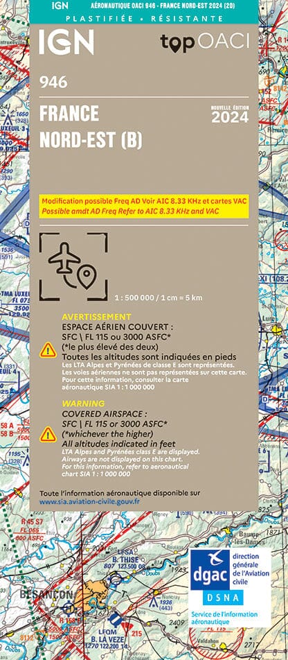 Carte aéronautique plastifiée OACI 946 - France Nord-est 2024 | IGN carte pliée IGN 