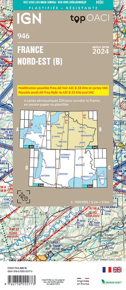 Carte aéronautique plastifiée OACI 946 - France Nord-est 2024 | IGN carte pliée IGN 