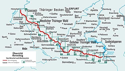 Carte de randonnée n° 2508 - Rennsteig : Hörschel - Blankenstei (Allemagne) | Kompass carte pliée Kompass 