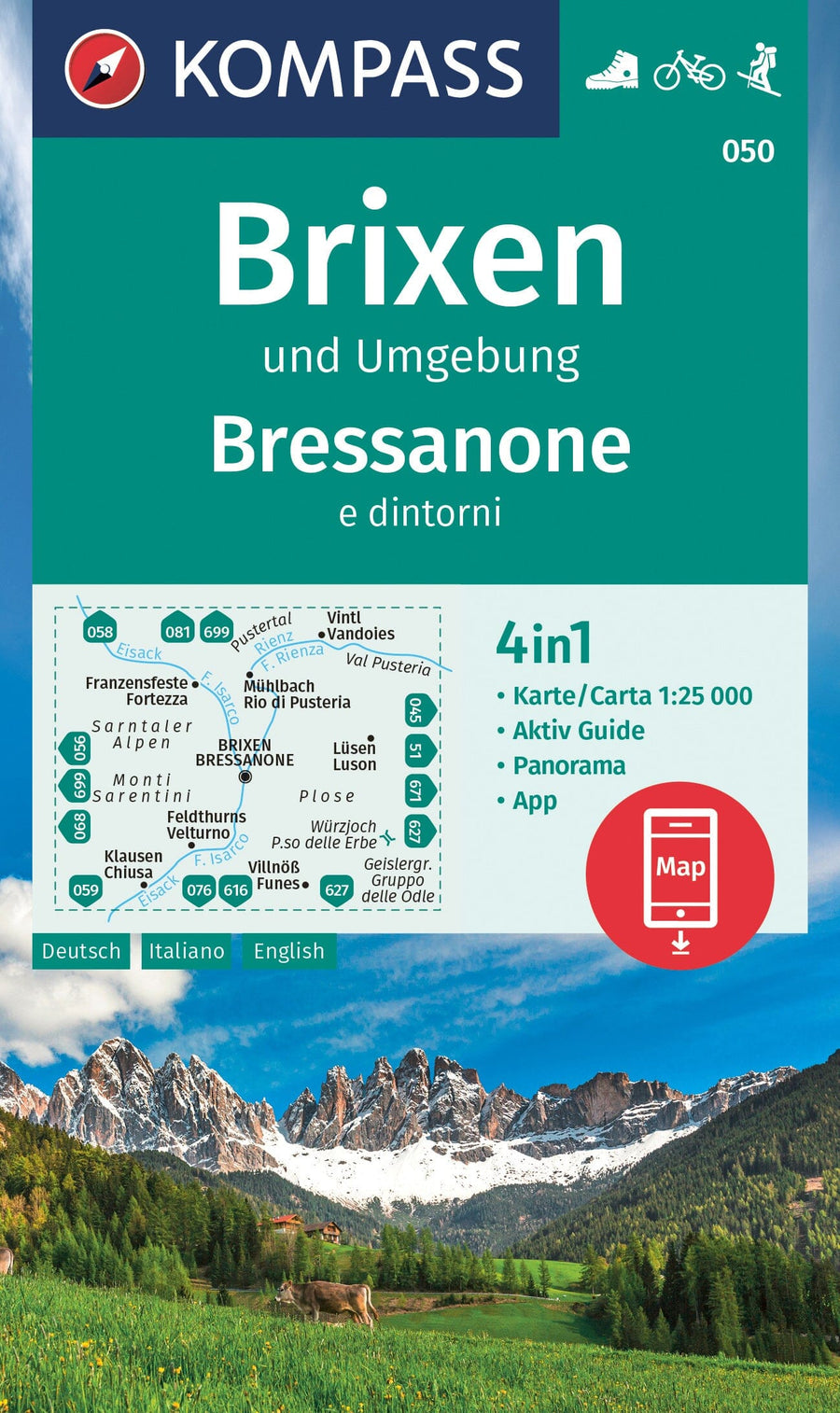 Carte de randonnée n° 50 - Brixen, Bressanone & environs + Aktiv Guide (Italie) | Kompass carte pliée Kompass 