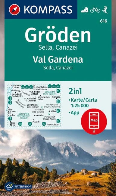 Carte de randonnée n° 616 - Val Gardena, Sella, Canazei (Italie) | Kompass carte pliée Kompass 