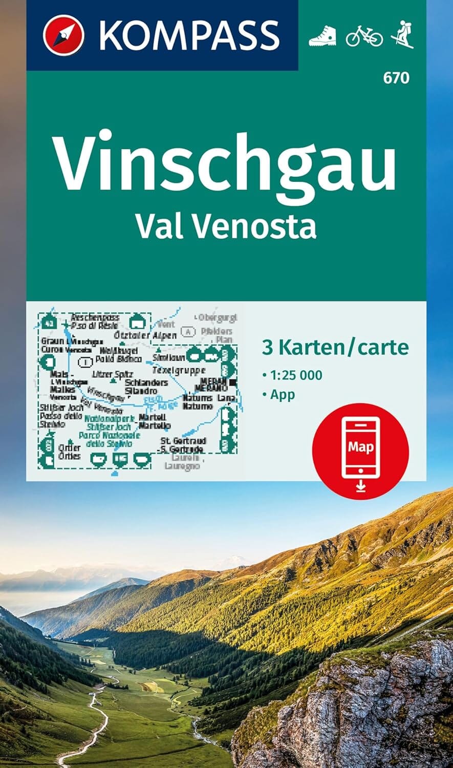 Carte de randonnée n° 670 - Vinschgau / Val Venosta - lot de 3 cartes (Italie) | Kompass carte pliée Kompass 