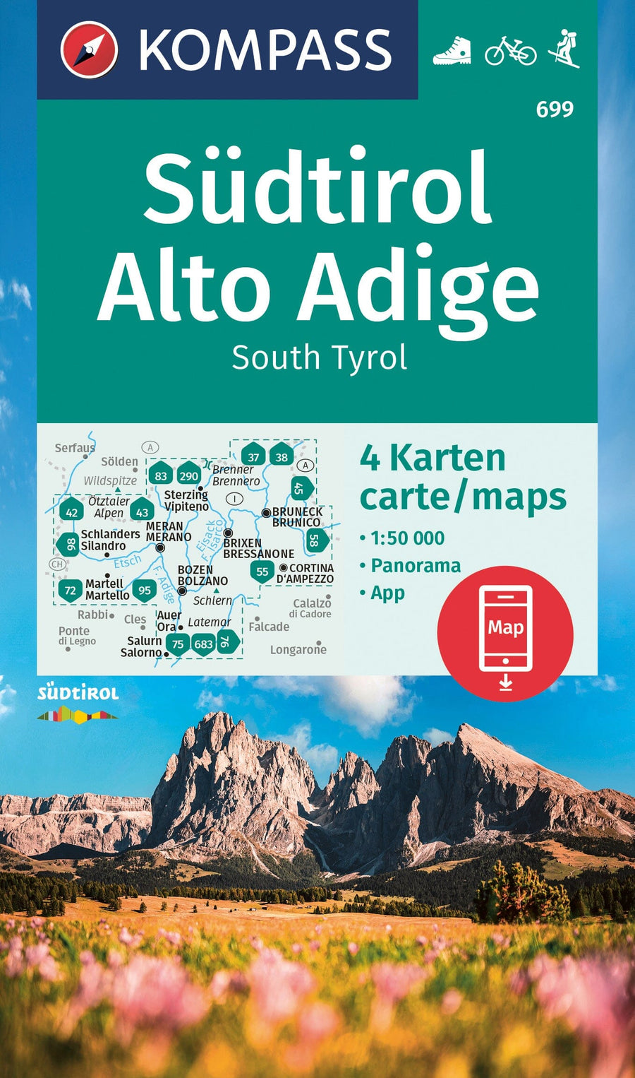 Carte de randonnée n° 699 - Südtirol, Alto Adige (Italie) - lot de 4 cartes | Kompass carte pliée Kompass 