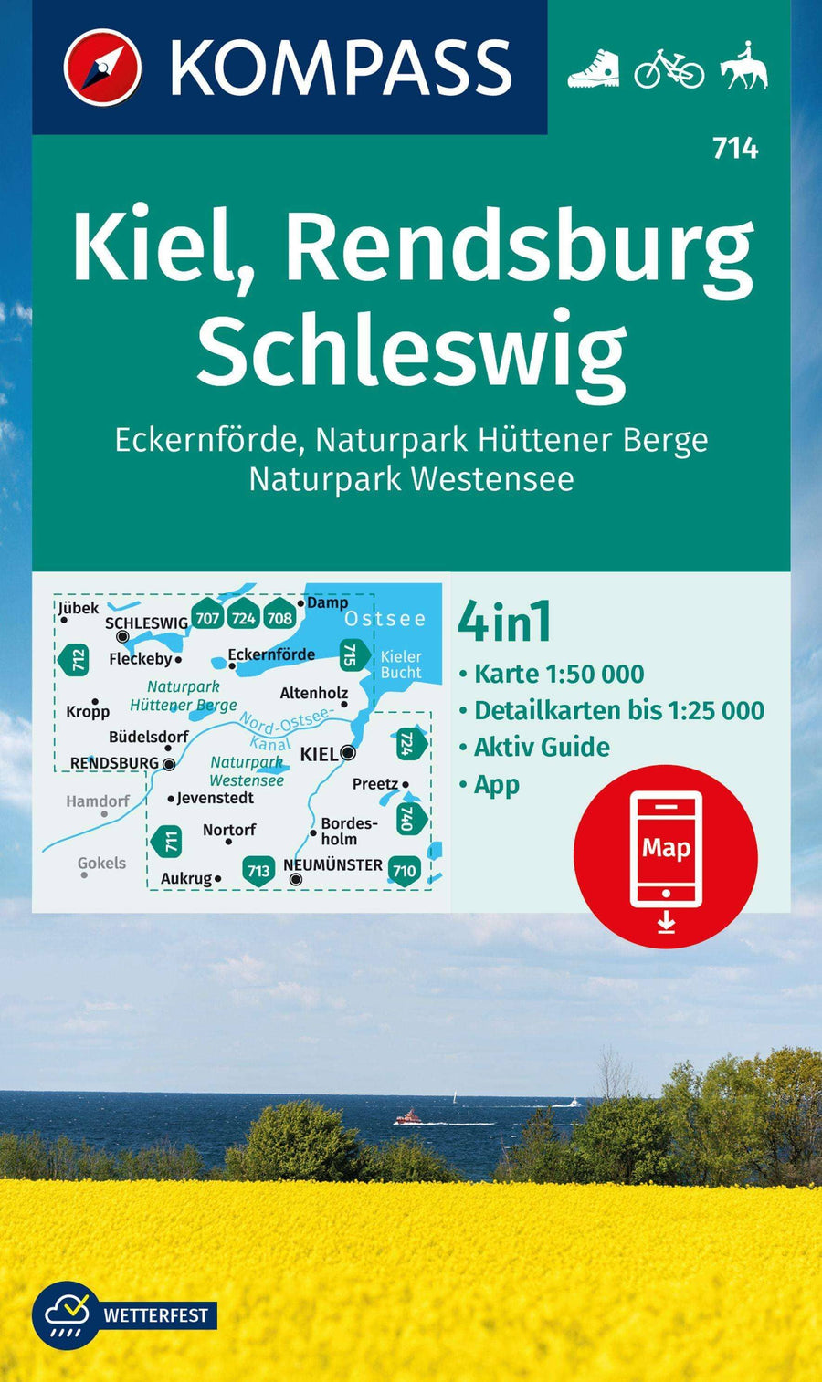 Carte de randonnée n° 714 - Kiel, Rendsburg, Schleswig | Kompass carte pliée Kompass 