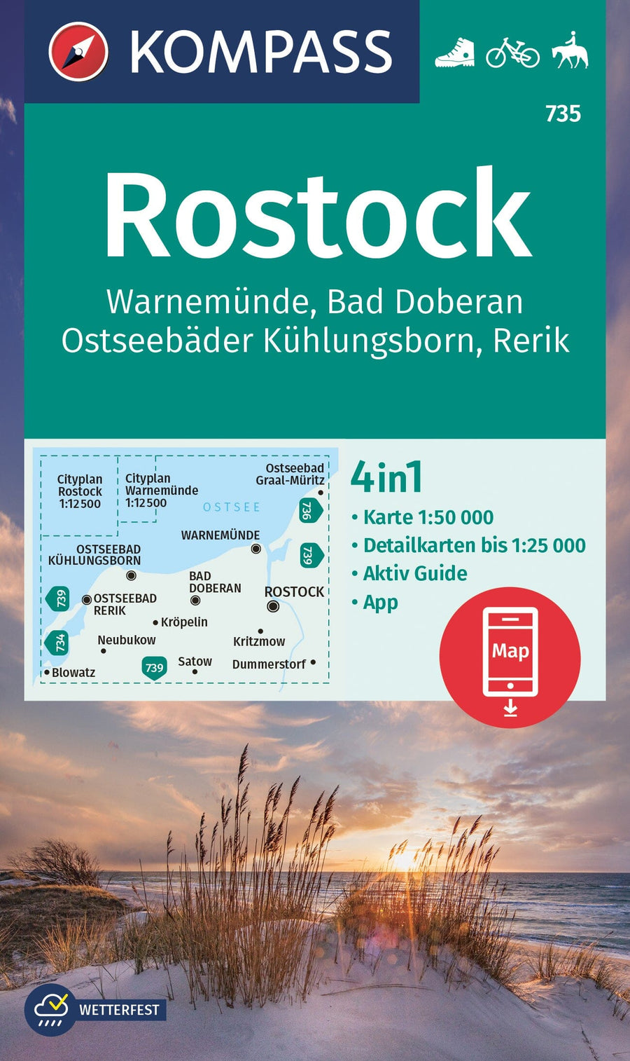 Carte de randonnée n° 735 - Rostock, Warnemünde, Bad Doberan, Ostseebäder Kühlungsborn, Rerik (Allemagne) | Kompass carte pliée Kompass 