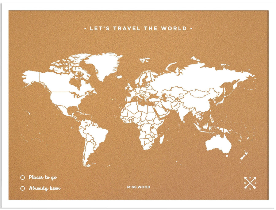Carte du monde en liège - couleur naturelle, impression blanc (45 x 30 cm) | Miss Wood accessoire Miss Wood 