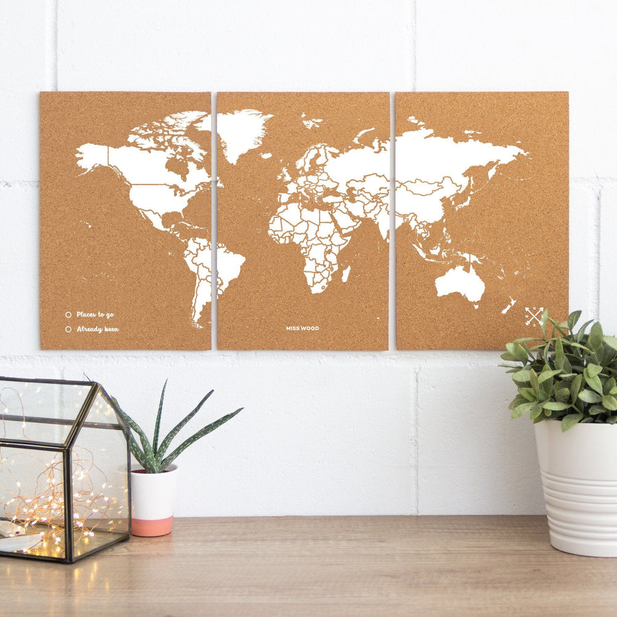 Puzzle / Carte du monde en liège - couleur naturelle, impression blanc | Miss Wood carte murale grand tube Miss Wood Medium - 60 x 30 cm (3 pièces) 