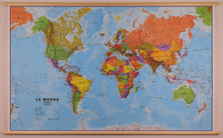 Carte murale géante plastifiée avec lattes de maintien en bois - Monde politique - 1/20M (197 x 117 cm) | Maps International carte murale hors dimensions Maps International 
