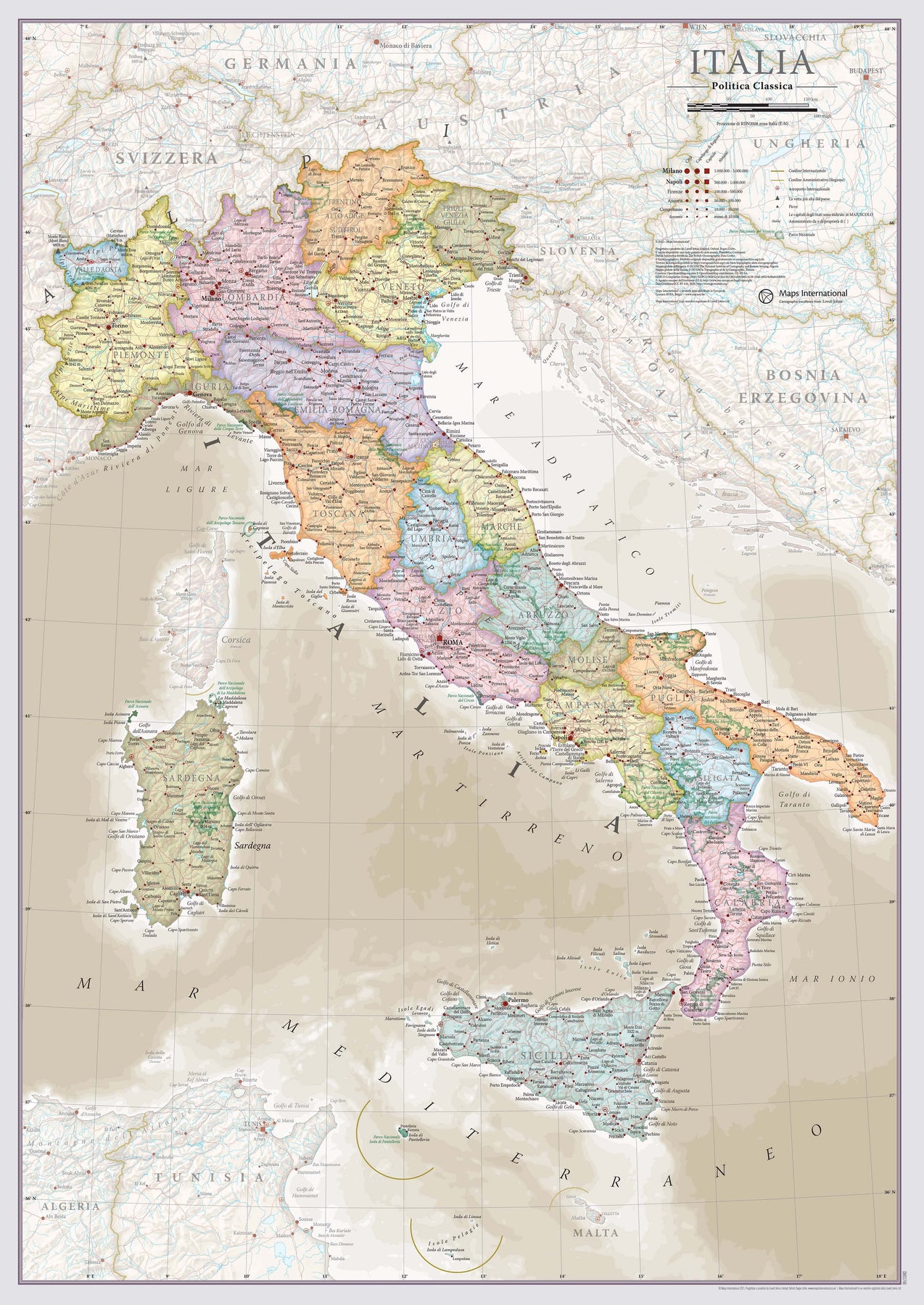Wall map - Administrative Italy (in Italian), classic style - 42 x