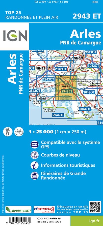 Carte TOP 25 n° 2943 ET - Arles & PNR de Camargue | IGN carte pliée IGN 
