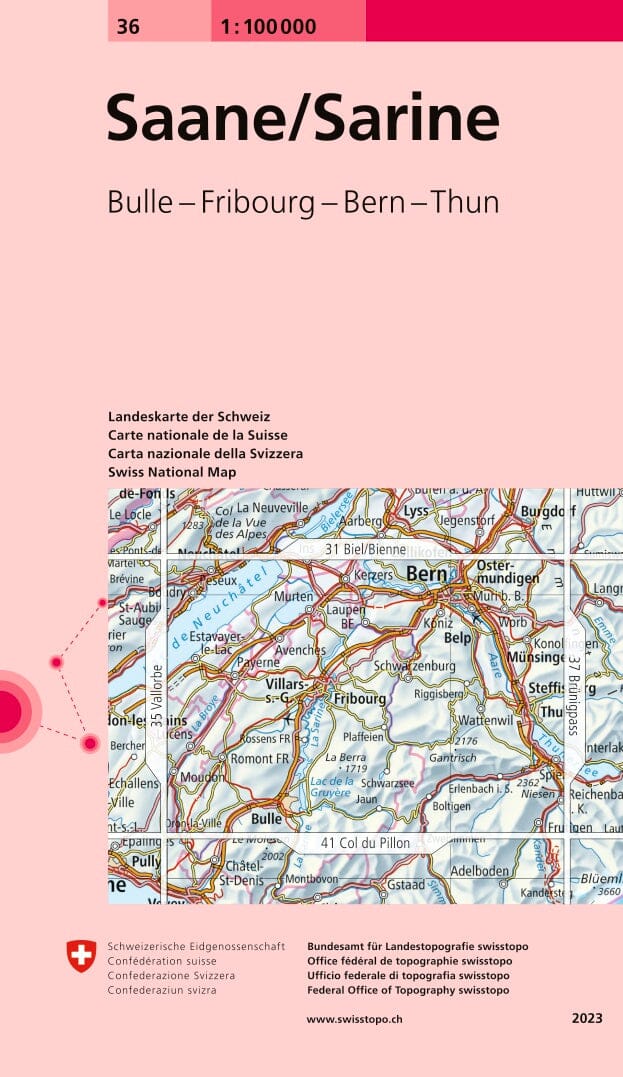 Carte topographique n° 36 - Saane, Sarine (Canton de Fribourg, Suisse) | Swisstopo - 1/100 000 carte pliée Swisstopo 