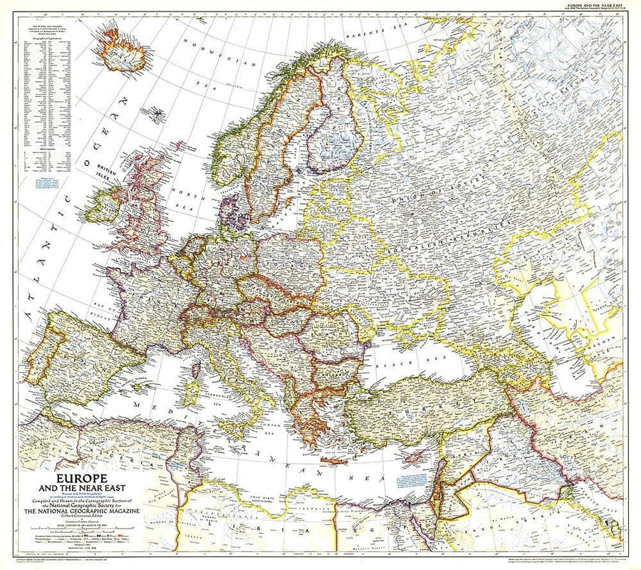 1949 Europe and the Near East Map Wall Map 