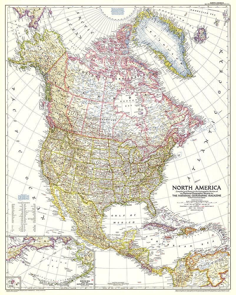 1952 North America Map Wall Map 