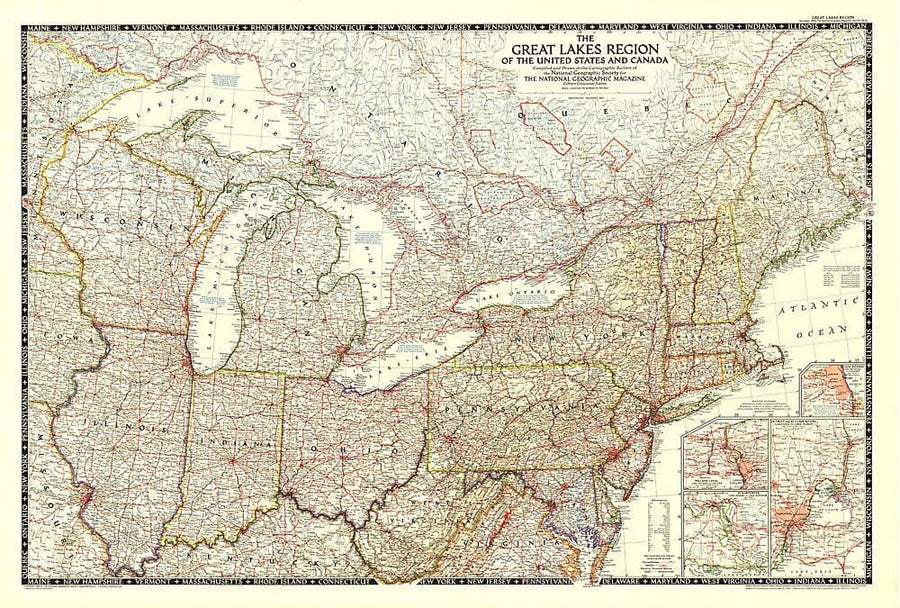 1953 The Great Lakes Region of the United States and Canada Wall Map 
