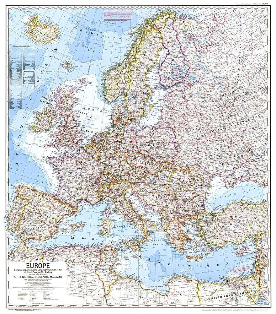 1969 Europe Map Wall Map 