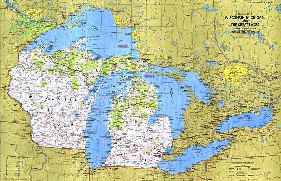 1973 Close-up USA, Wisconsin, Michigan, and the Great Lakes Map Wall Map 