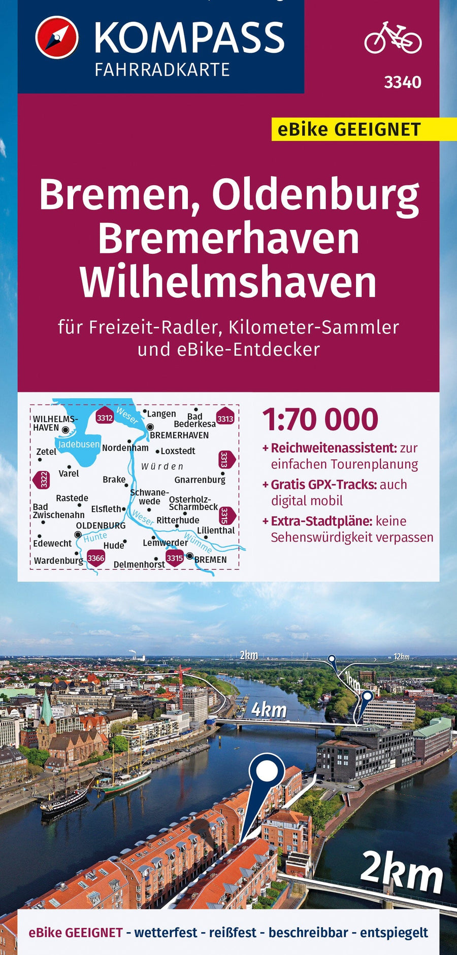 Carte cycliste n° F3340 - Bremen, Oldenburg, Bremerhaven (Allemagne) | Kompass carte pliée Kompass 