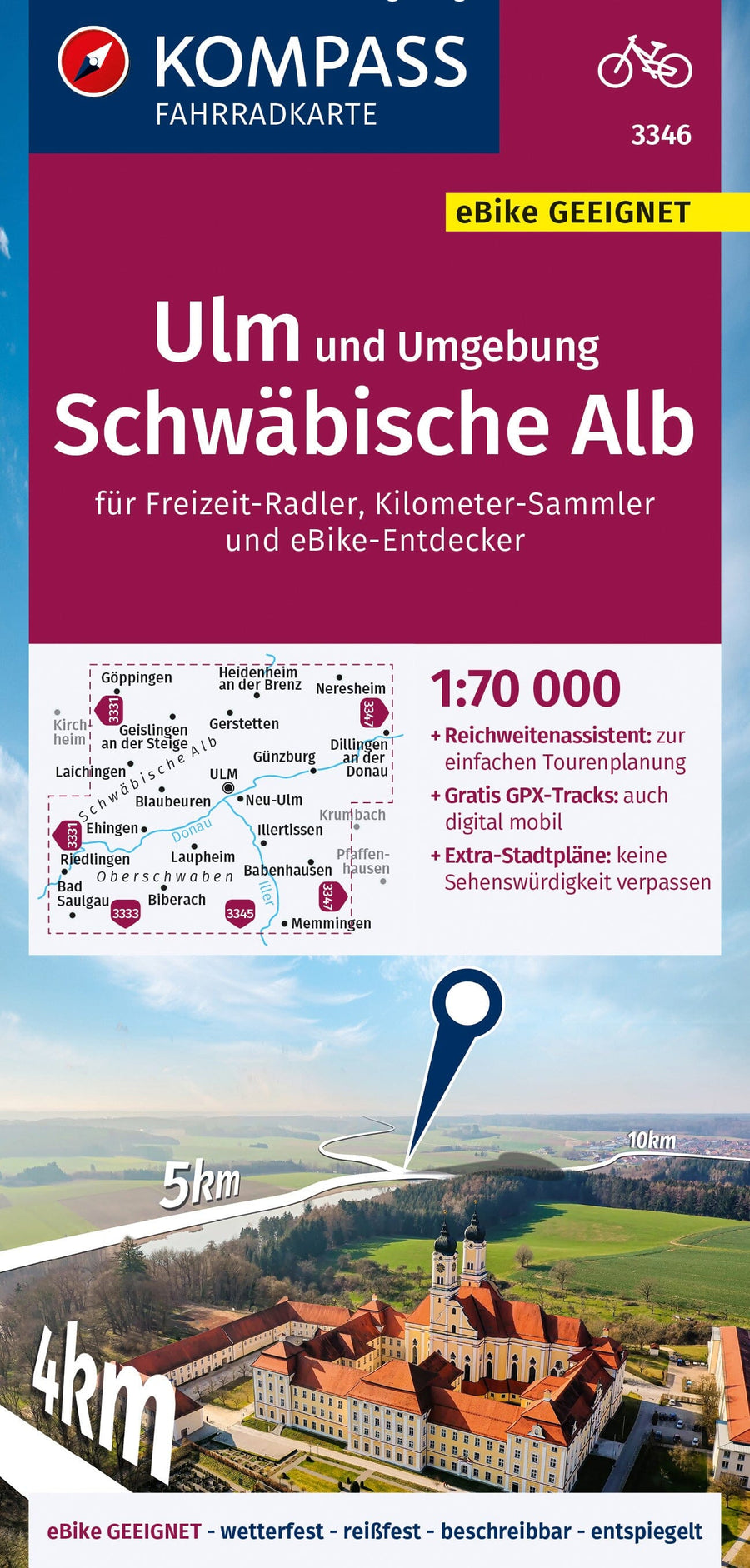 Carte cycliste n° F3346 - Ulm & environs, Schwäbische Alb (Allemagne) | Kompass carte pliée Kompass 