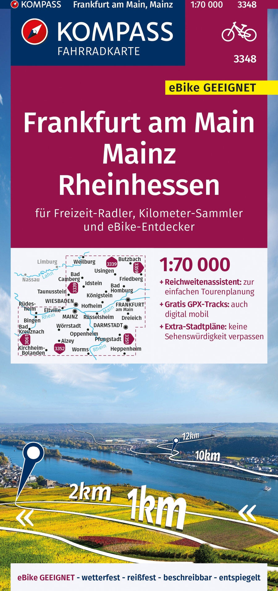 Carte cycliste n° F3348 - Frankfurt am Main, Mainz, Rheinhessen (Allemagne) | Kompass carte pliée Kompass 