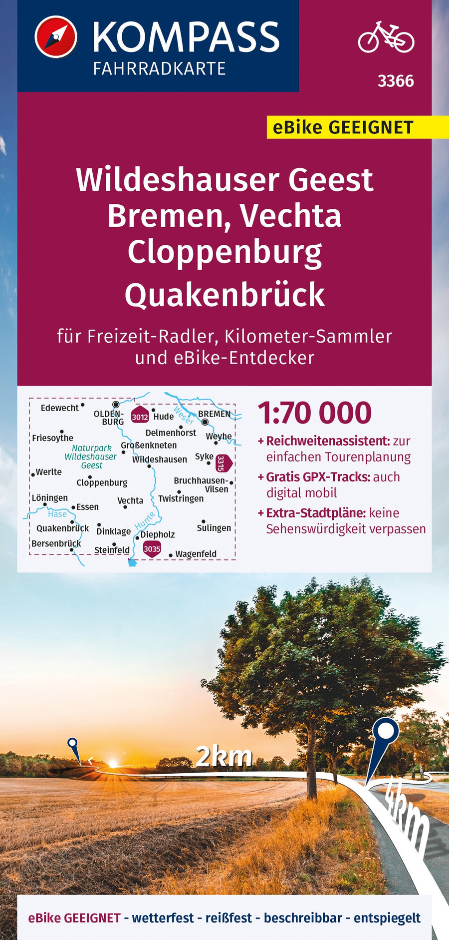 Carte cycliste n° F3366 - Wildeshauser Geest, Bremen, Vechta, Cloppenburg, Quakenbrück (Allemagne) | Kompass carte pliée Kompass 