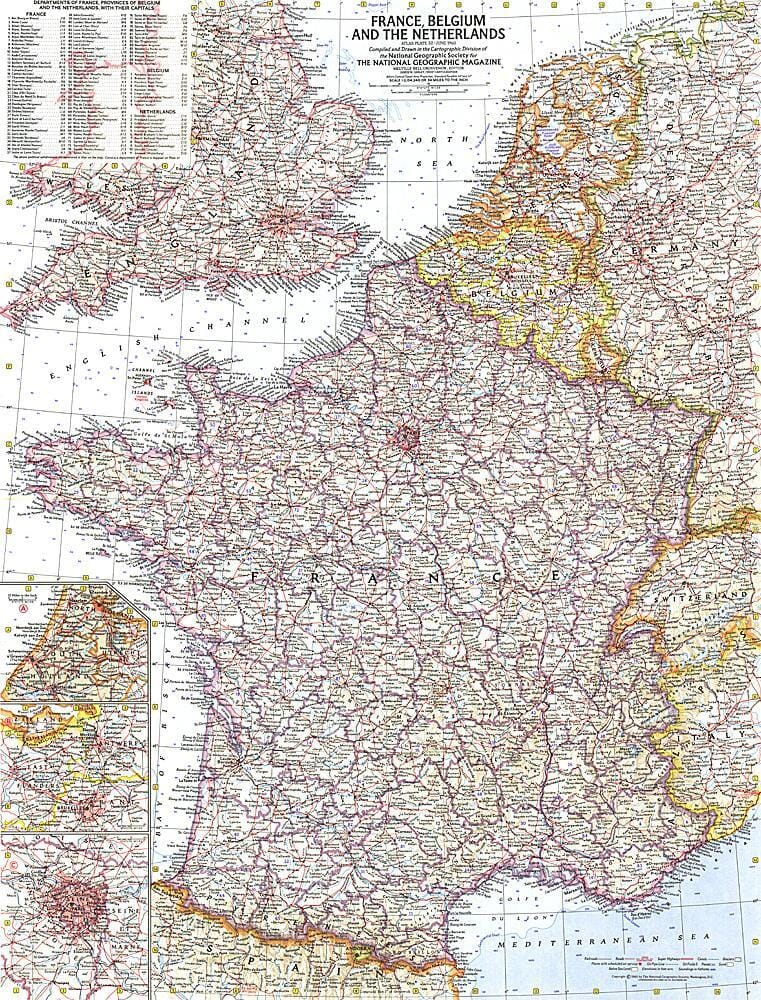 1960 France, Belgium and the Netherlands Map Wall Map 