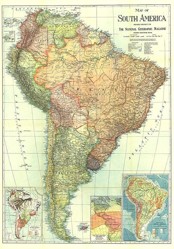 1921 South America Map Wall Map 