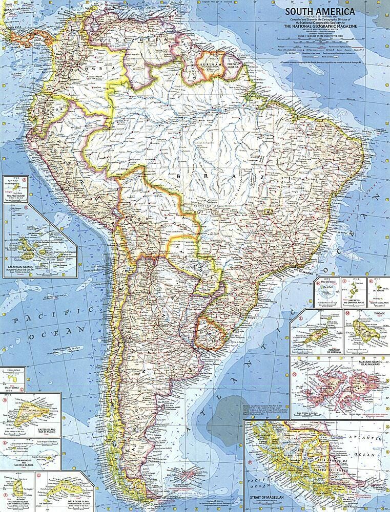 1960 South America Map Wall Map 