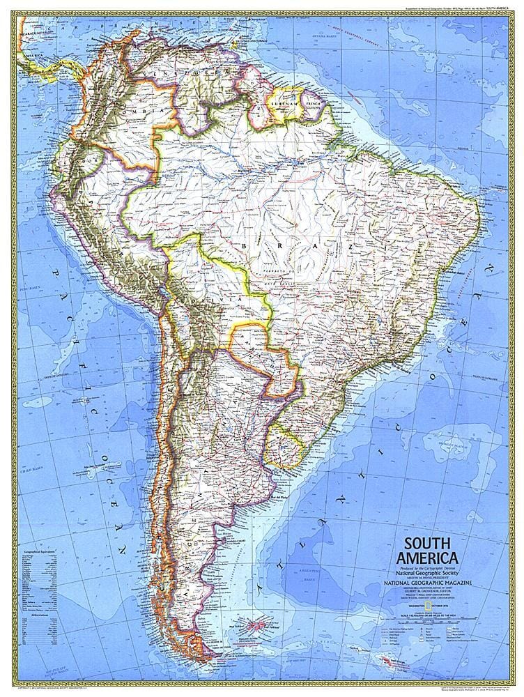 1972 South America Map Wall Map 