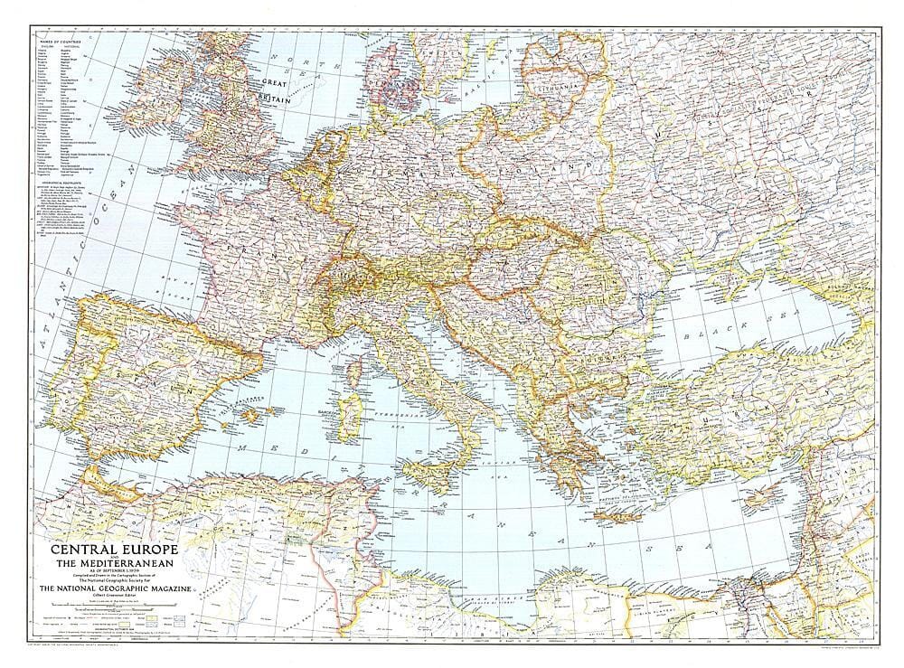 1939 Central Europe and the Mediterranean Map Wall Map 