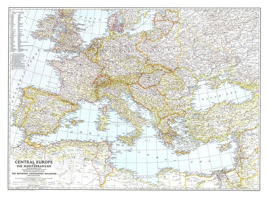 1939 Central Europe and the Mediterranean Map Wall Map 