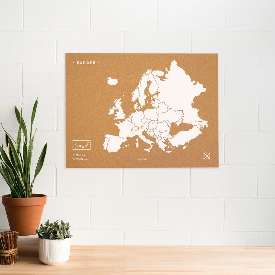Carte de l'Europe en liège - couleur naturelle, impression blanc | Miss Wood carte murale grand tube Miss Wood Taille XL (90 x 60 cm) 