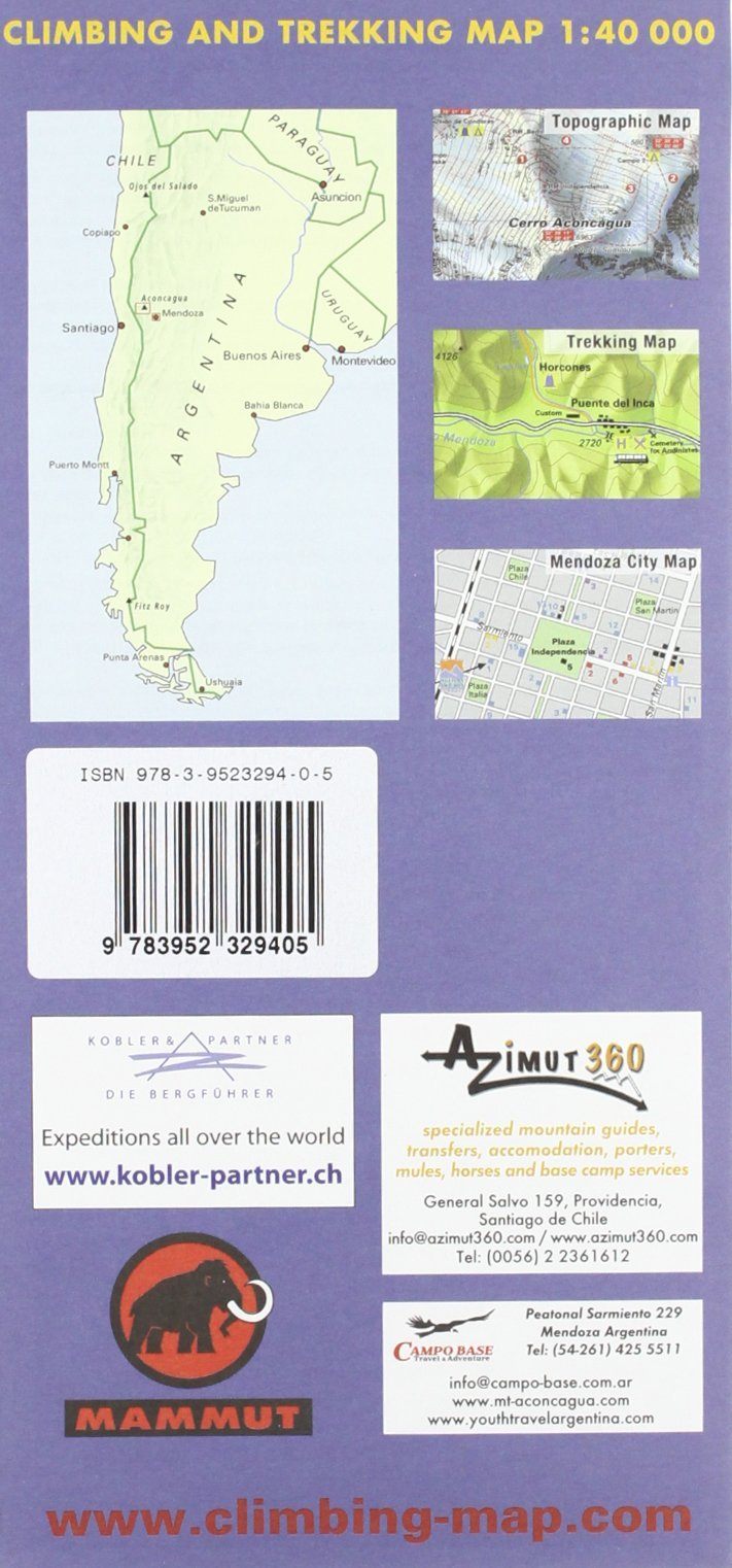 Carte de randonnée et d'escalade - Cerro Aconcagua + Mendoza city | Climbing Map carte pliée Climbing Map 
