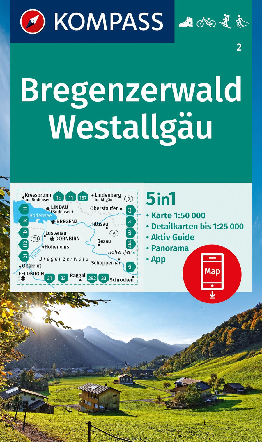 Carte de randonnée n° 002 - Bregenzerwald, Westallgaü (Allemagne) | Kompass carte pliée Kompass 
