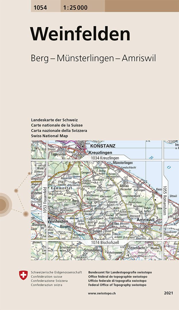 Carte de randonnée n° 1054 - Weinfelden (Suisse) | Swisstopo - 1/25 000 carte pliée Swisstopo 
