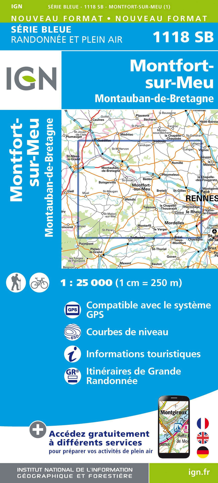 Carte de randonnée n° 1118 - Montfort-sur-Meu, Montauban-de-Bretagne | IGN - Série Bleue carte pliée IGN 