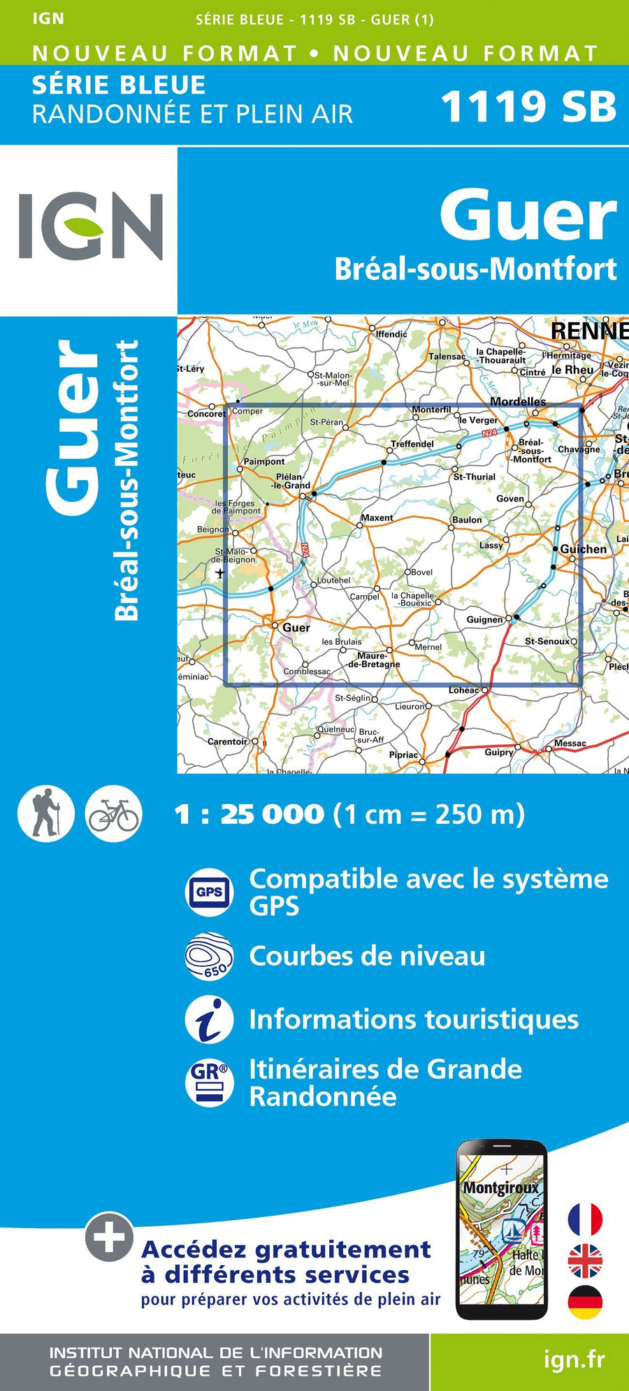 Carte de randonnée n° 1119 - Guer, Bréal-sous-Montfort | IGN - Série Bleue carte pliée IGN 