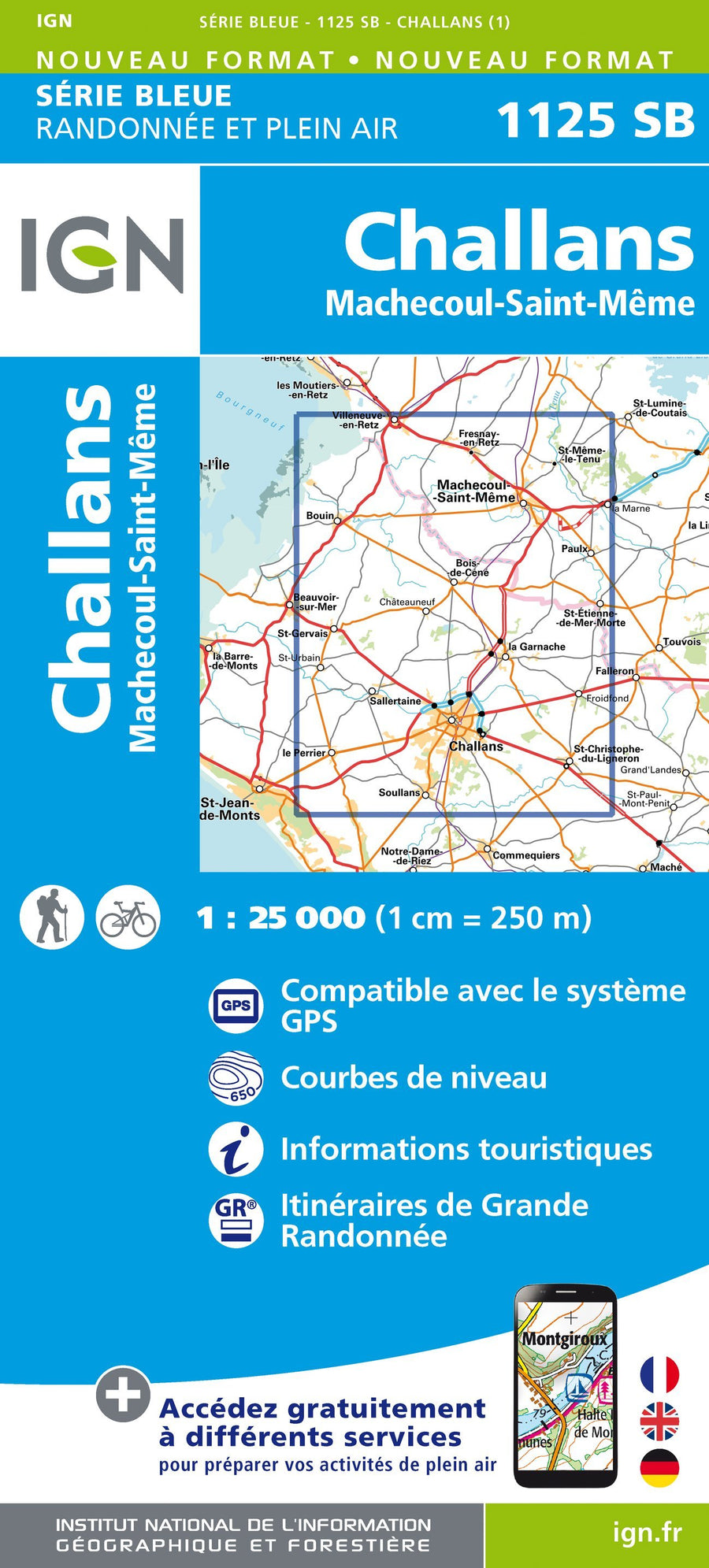 Carte de randonnée n° 1125 - Challans, Machecoul-Saint-Même | IGN - Série Bleue carte pliée IGN 
