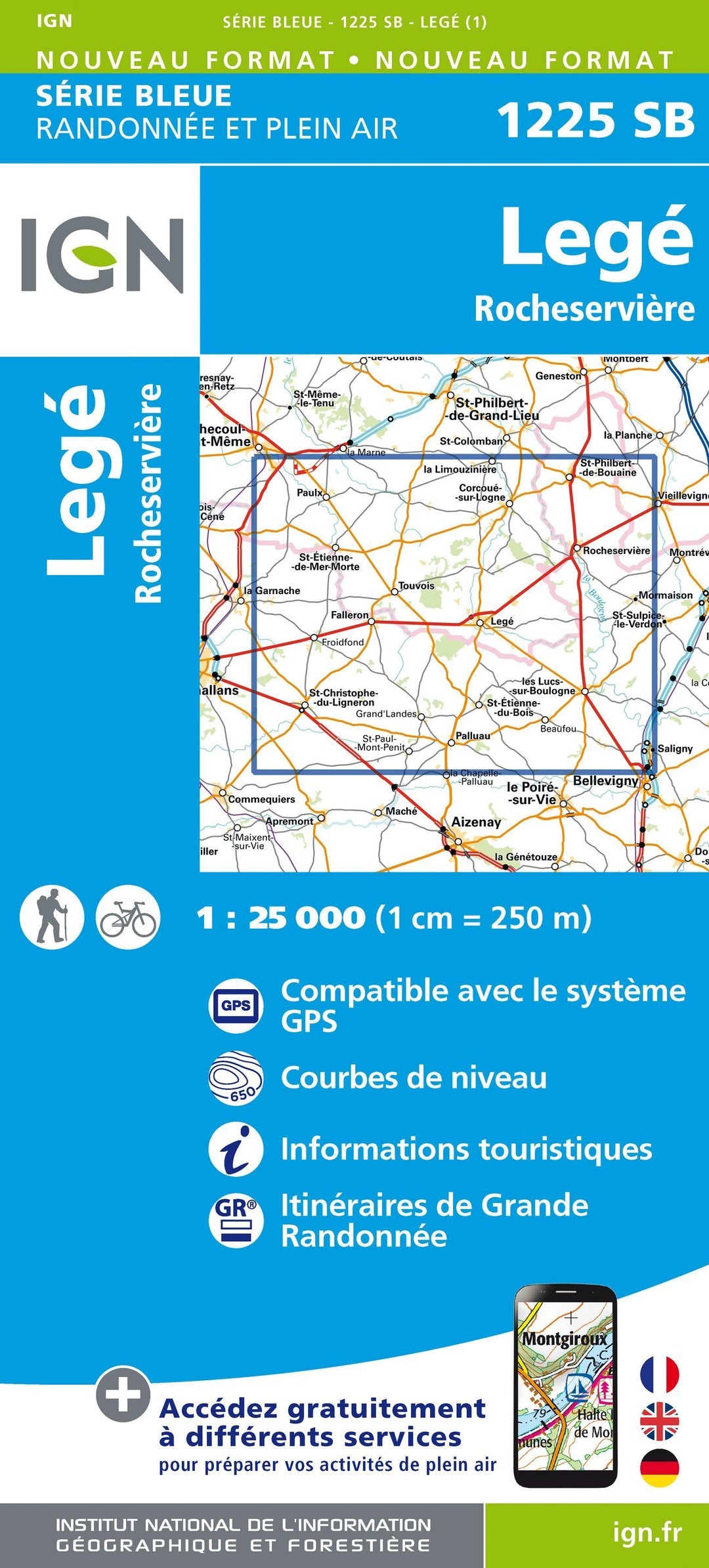 Carte de randonnée n° 1225 - Legé, Rocheservière | IGN - Série Bleue carte pliée IGN 