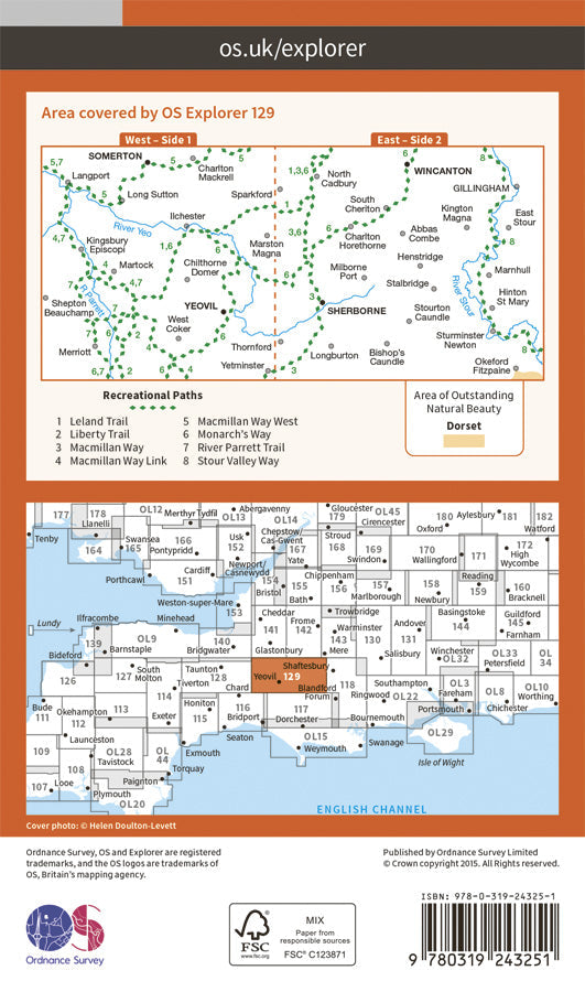 Carte de randonnée n° 129 - Yeovil, Sherborne (Grande Bretagne) | Ordnance Survey - Explorer carte pliée Ordnance Survey Papier 