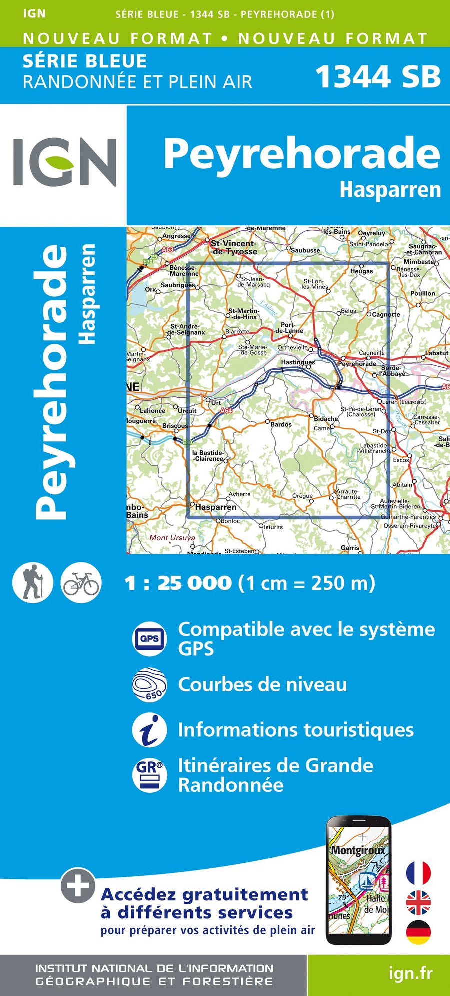 Carte de randonnée n° 1344 - Peyrehorade, Hasparren | IGN - Série Bleue carte pliée IGN 