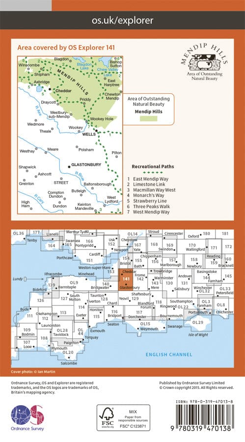 Carte de randonnée n° 141 - Cheddar Gorge / Mendip Hills West (Grande Bretagne) | Ordnance Survey - Explorer carte pliée Ordnance Survey 