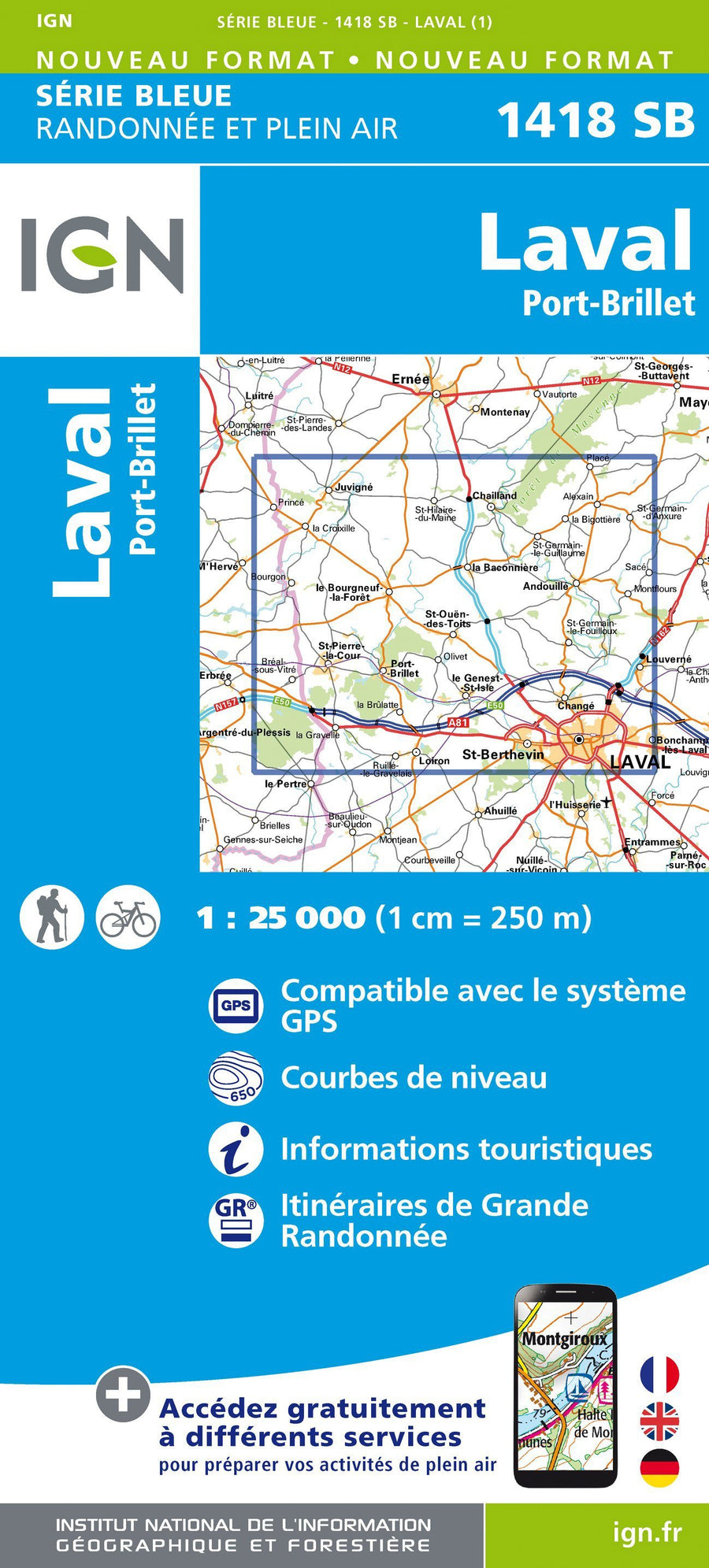 Carte de randonnée n° 1418 - Laval, Port-Brillet | IGN - Série Bleue carte pliée IGN 