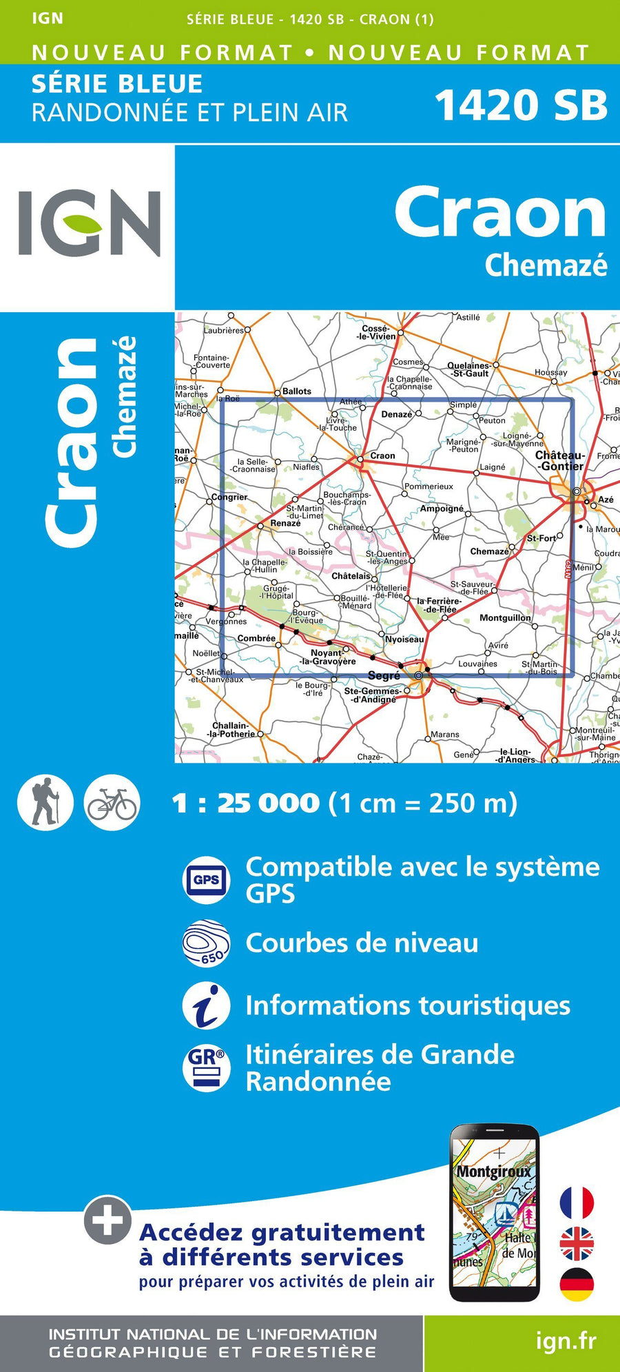 Carte de randonnée n° 1420 - Craon, Chemazé | IGN - Série Bleue carte pliée IGN 