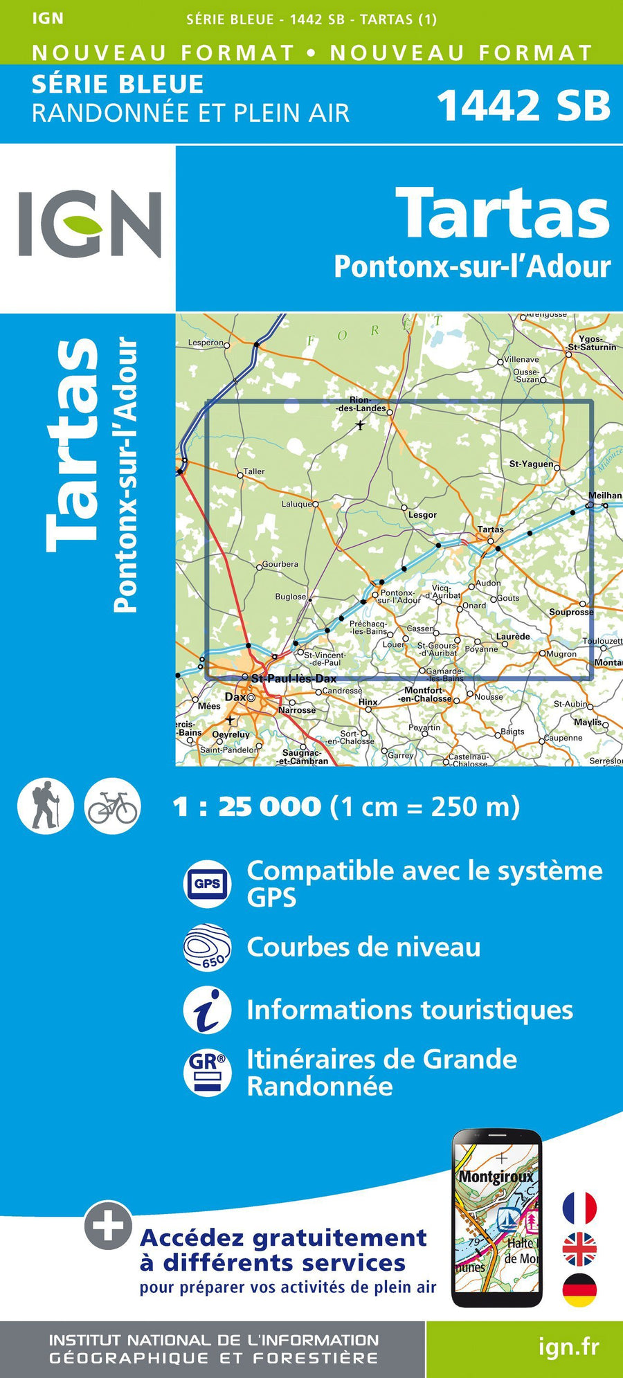 Carte de randonnée n° 1442 - Tartas, Pontonx-sur-l'Adour | IGN - Série Bleue carte pliée IGN 