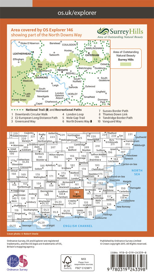 Carte de randonnée n° 146 - Dorking, Box Hill, Reigate (Grande Bretagne) | Ordnance Survey - Explorer carte pliée Ordnance Survey Papier 